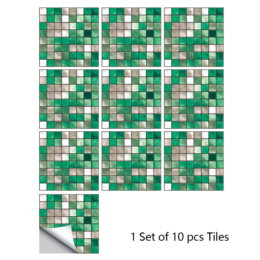 10pcs Mosaic Hard Tiles Sticker 2d Peel & Stick dark green white