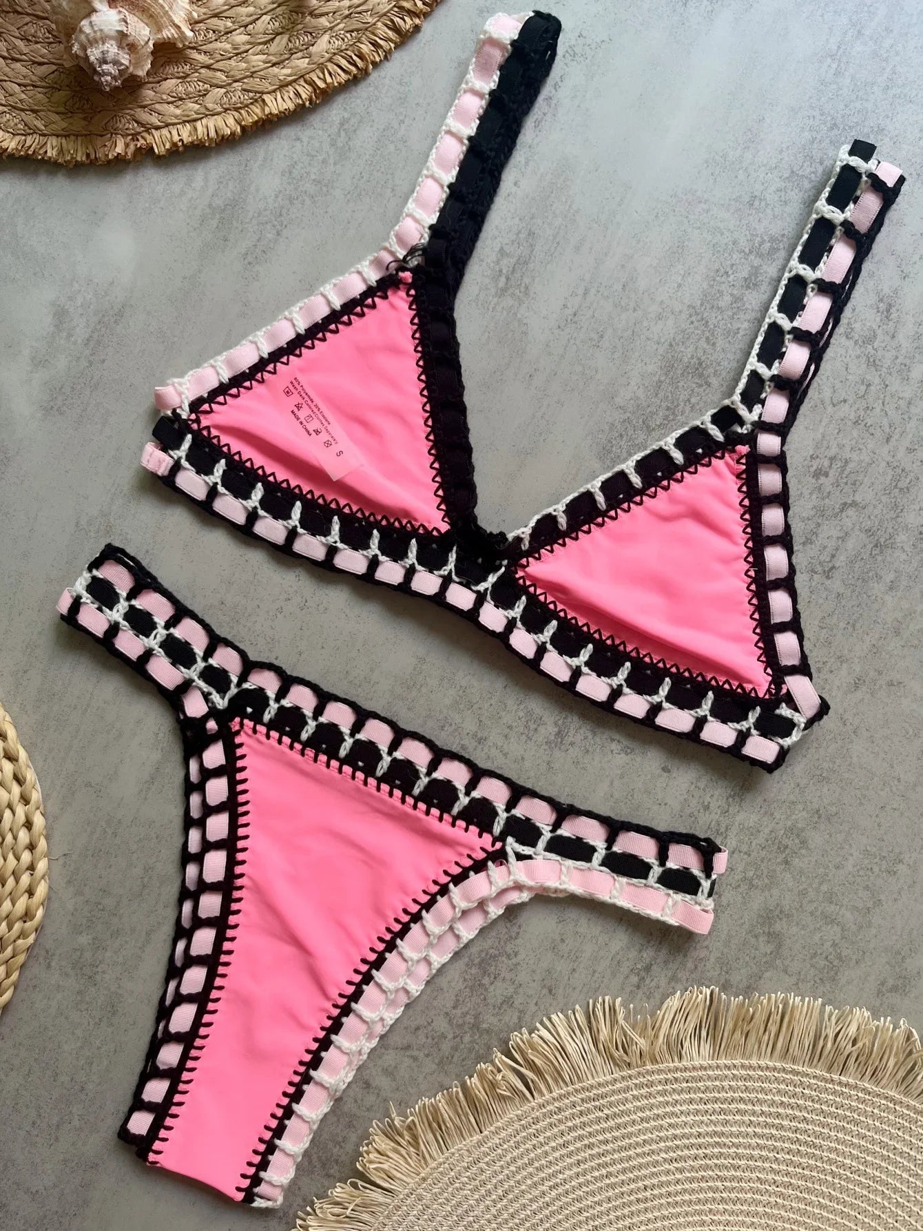 Sexy Black Patchwork Hand Crochet Bikini Set Women 2026 V Neck Push Up Bra Thong Swimsuit Beach Bathing Suit Knitted Swimwear - Pink -