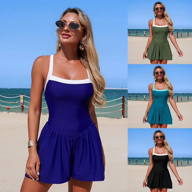 Vintage Black Patchwork Skirt One Piece Swimsuit 2026 Women Back Bandage Cross Pocket Swimwear Beach Bathing Suit Slim Monokini - -