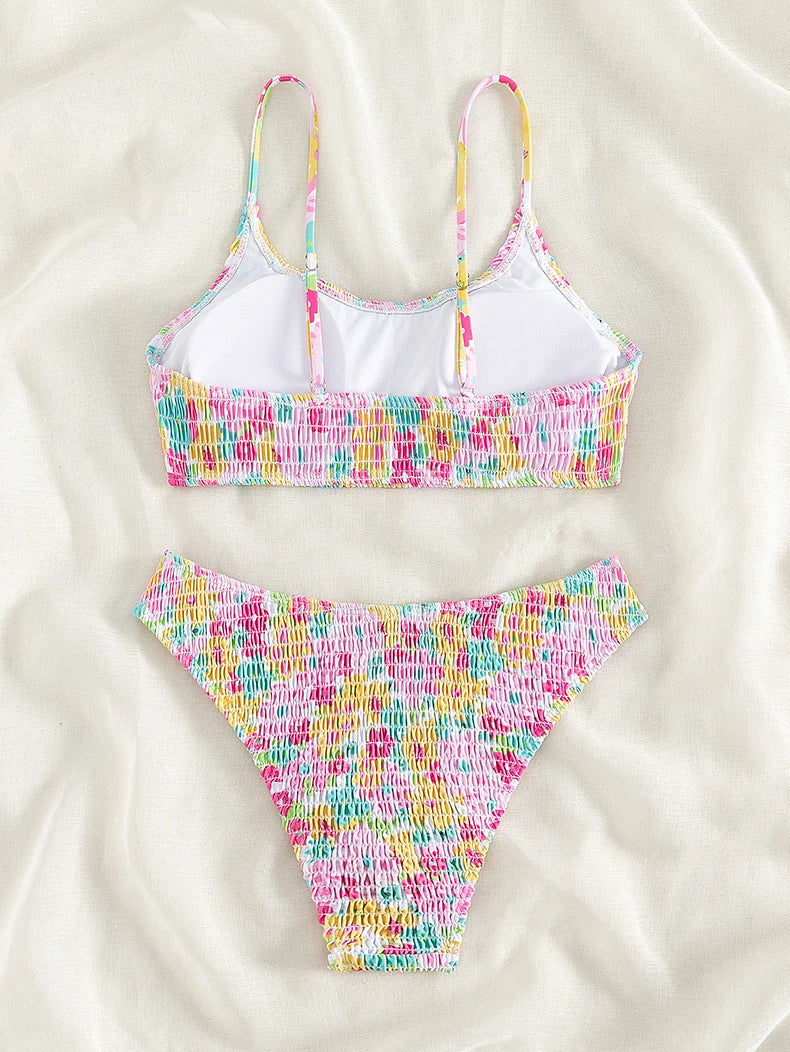 Sexy Pink Floral Print Bikini Set 2024 Women Halter Pleate Push Up High Waist Swimsuit Brazilian Bathing Suit Two Piece Swimwear - -