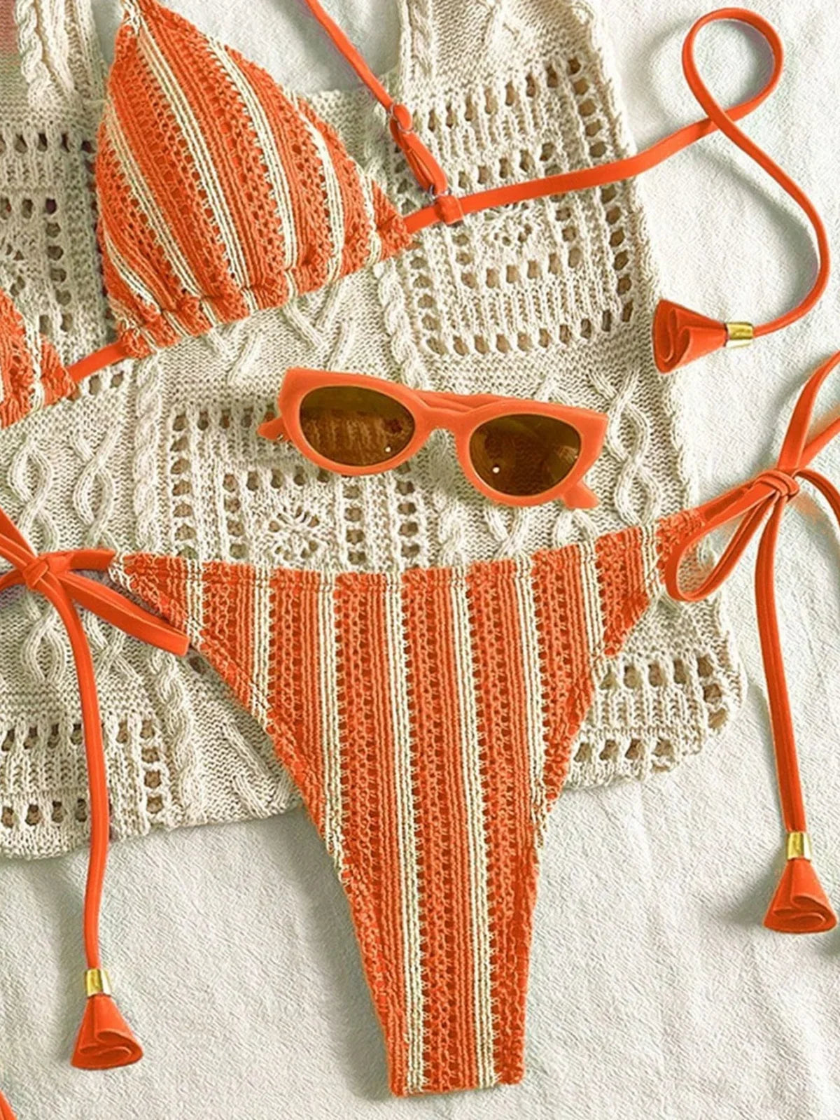 Sexy Orange Striped Bikini Set 2026 Women Halter Push Up Bra Tassel Bandage Thong Swimsuit Summer Holiday Bathing Suit Swimwear - -