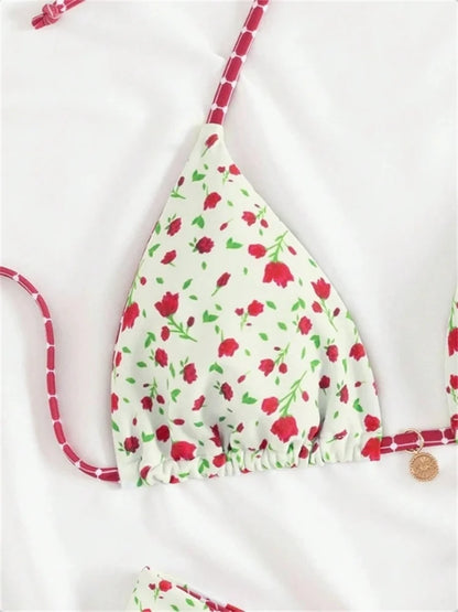 Sexy White Floral Print Micro Bikini 2026 Women Push Up Bra High Waist Swimsuit Beach Bathing Suit Holiday Two Piece Swimwear - -