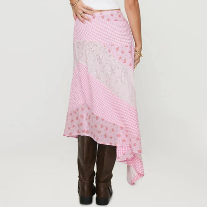 New Irregular Women Lace Flowy Midi Skirt Vintage Low Waist Floral Print Long Skirt Lightweight Summer Sexy Club Party Skirt - -
