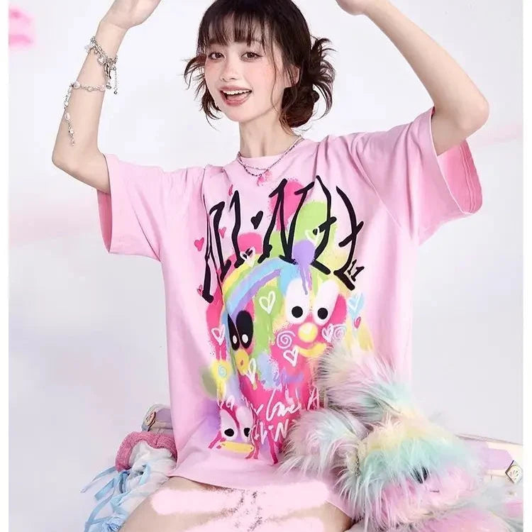 KOSAHIKI Pink Harajuku Graphic T-shirt - -