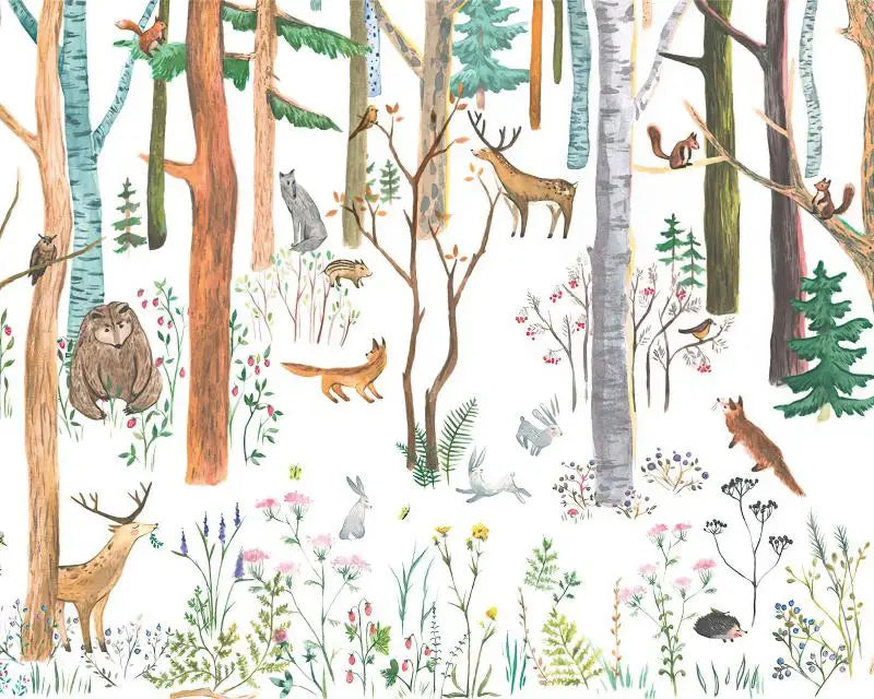 Forest Fox Wallpaper Mural tan white green