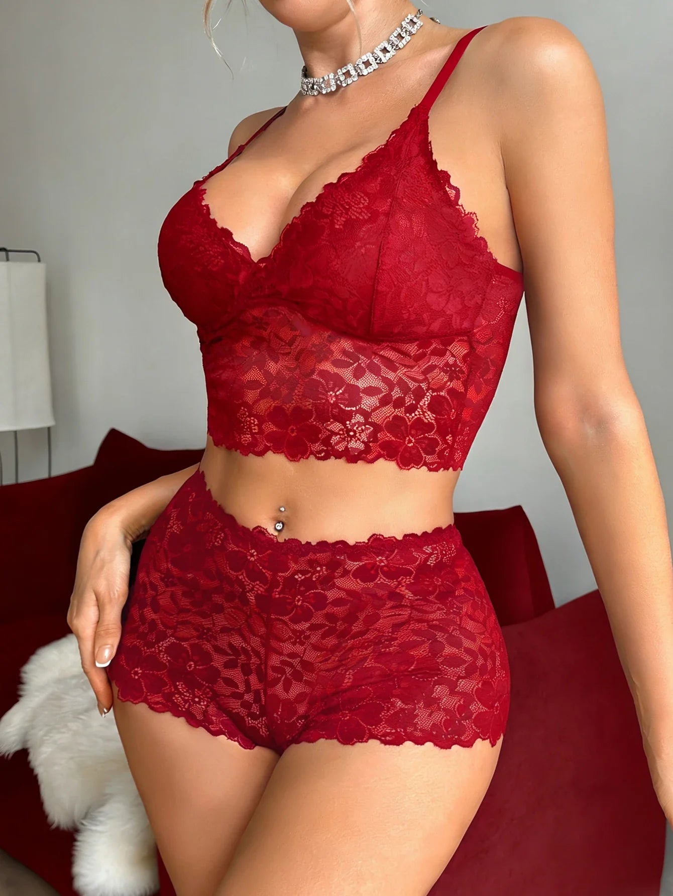 Floral Lace Women's Underwear Set Hollow-Out Wireless Sexy Bras Unlined Bra Breathable Hot Lingerie Sheer Women's Panties - -