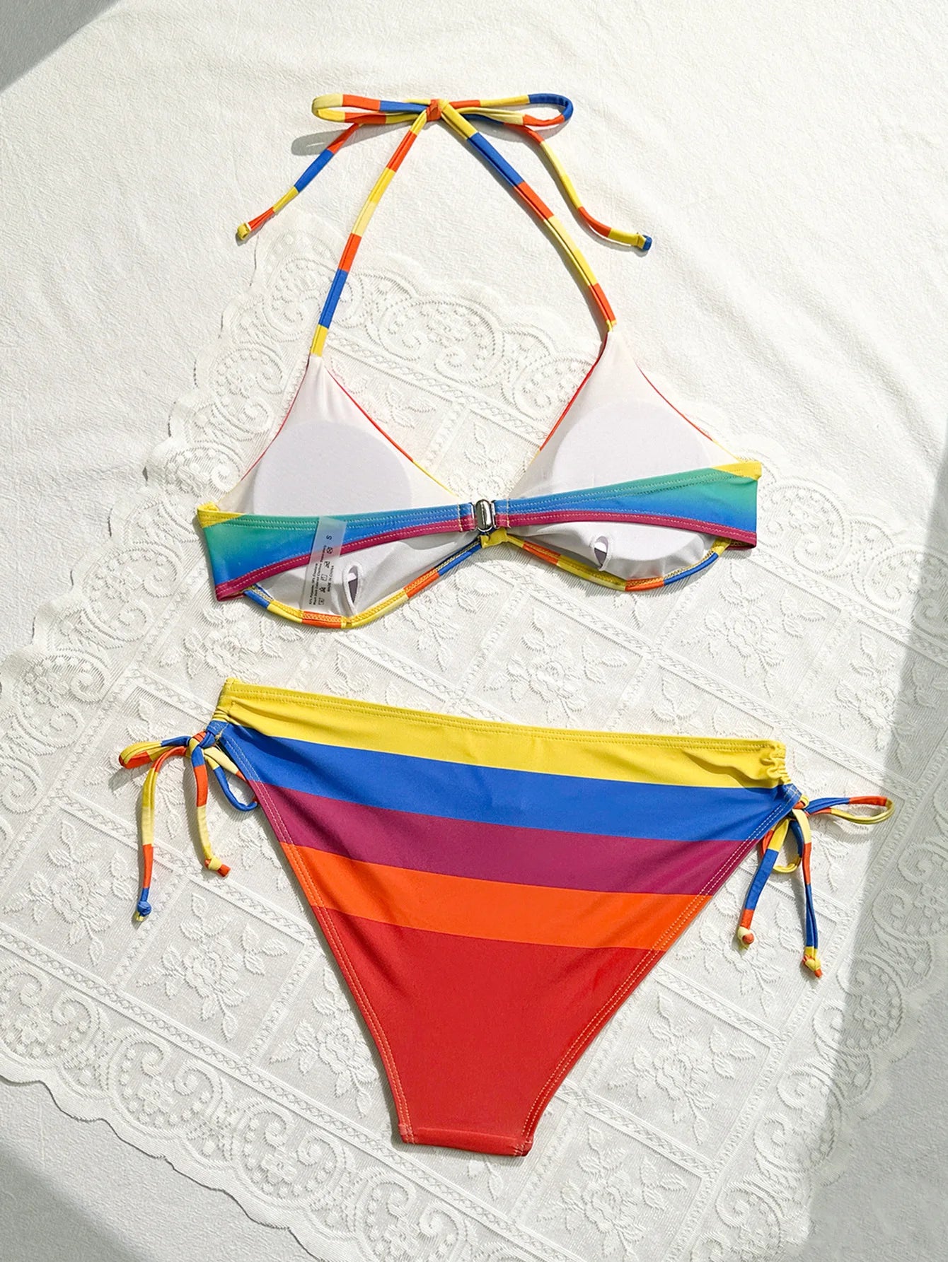 Women's Rainbow Color Bikini Set Sexy Beach Vacation Backless 2 Piece Swimsuit 2024 Summer Bathing Suit Bra Push Up Swimwear - -