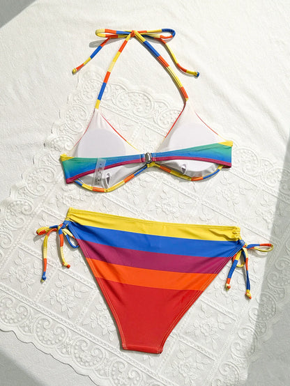 Women's Rainbow Color Bikini Set Sexy Beach Vacation Backless 2 Piece Swimsuit 2024 Summer Bathing Suit Bra Push Up Swimwear - -