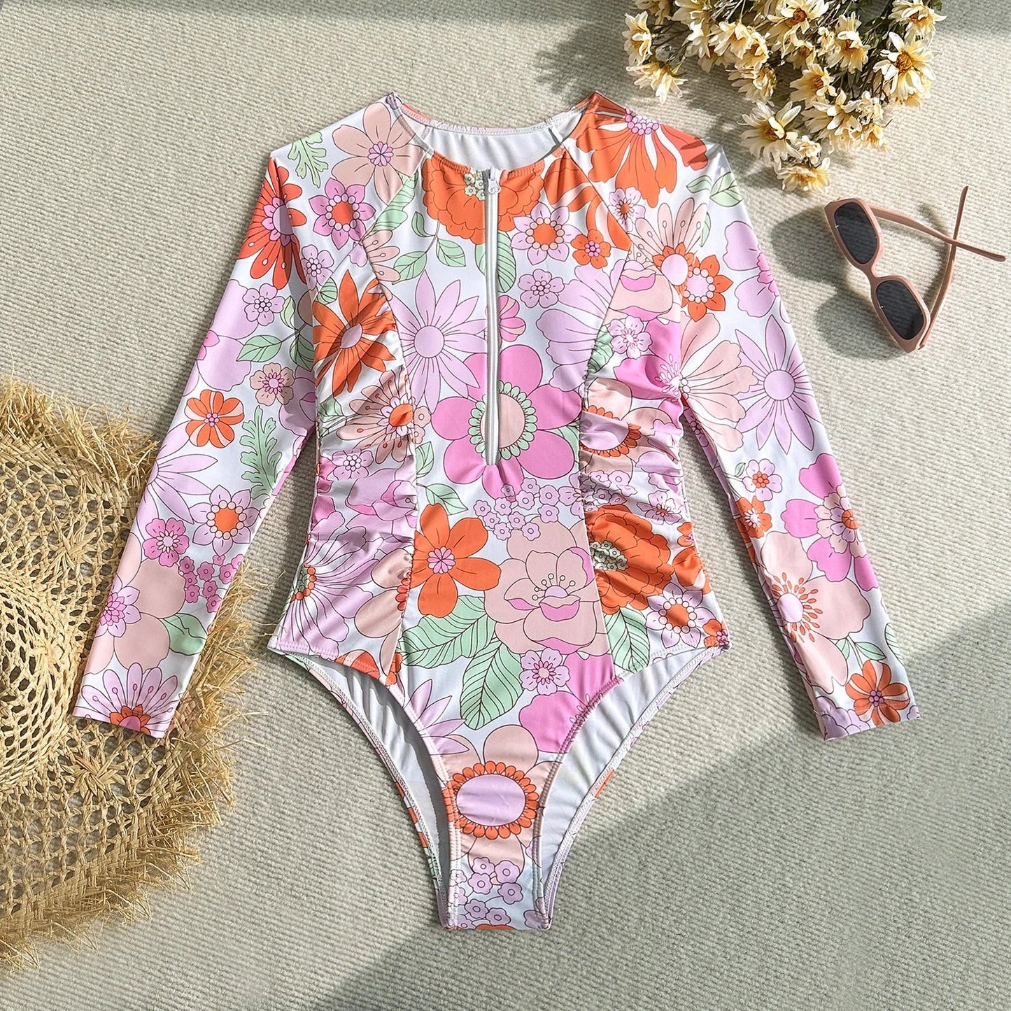 Vintage Pink Floral Print Swimwear Women 2026 Front Zipper Long Sleeve Sunscreen One Piece Swimsuit Bathing Suit Surf Monokini - Pink -