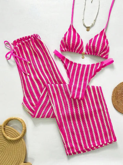 Vintage Red Striped Bikini Set 2026 Women Drawstring Long Panties 3 Piece Swimsuit Beach Holiday Bathing Suit Thong Swimwear - Rose Red -