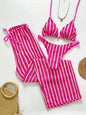 Vintage Red Striped Bikini Set 2026 Women Drawstring Long Panties 3 Piece Swimsuit Beach Holiday Bathing Suit Thong Swimwear - Rose Red -