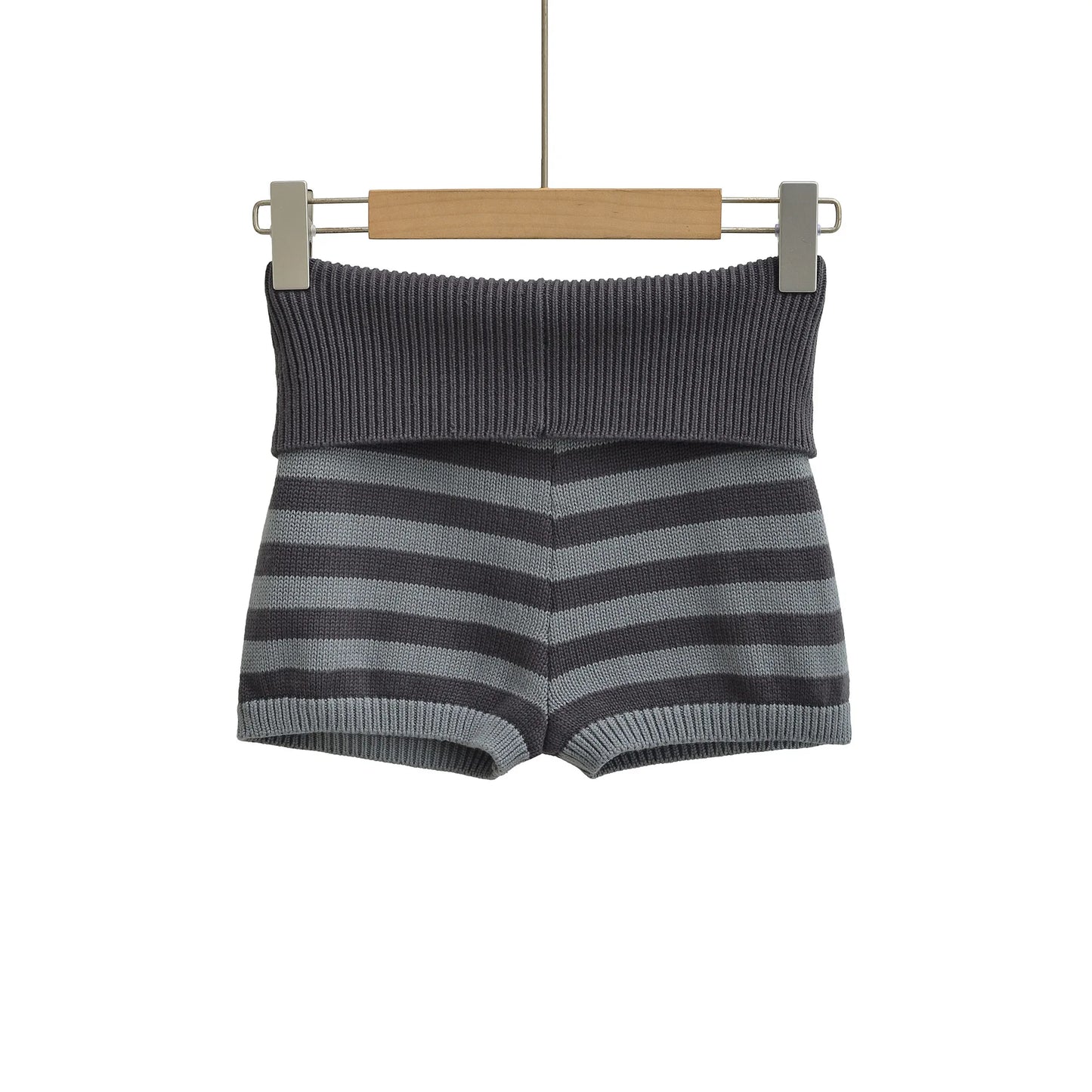 Spring Striped Knitted Shorts Fashion Striped Elastic Waist Versatile Straight Casual Knitted Shorts For Woman Fashion 4Z0M - Black Gray Stripe -