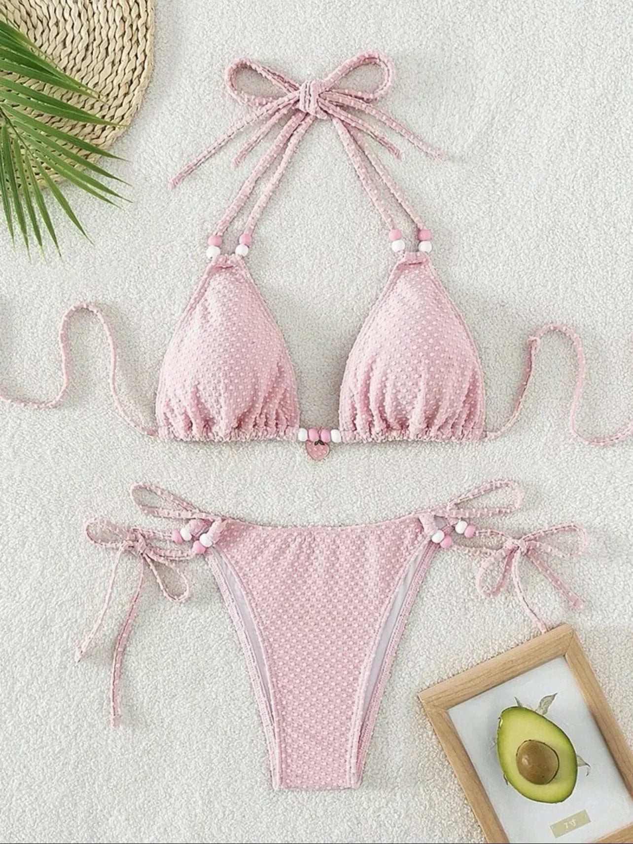 Sexy Pink Bikini 2024 Swimsuit Women White Pearl Strap Push Up Micro Swimwear Brazilian Bathing Suit Tie Side Thong Bikinis Sets - -