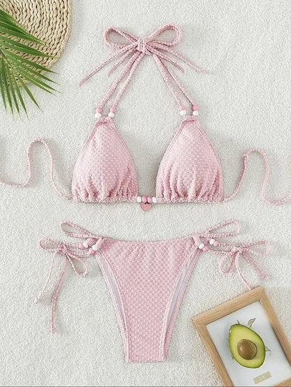 Sexy Pink Bikini 2024 Swimsuit Women White Pearl Strap Push Up Micro Swimwear Brazilian Bathing Suit Tie Side Thong Bikinis Sets - -
