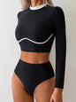 Vintage Black Contrast Bikini 2025 Women Long Sleeve Slim Shirt Top High Waist Sunscreen Swimsuit Beach Bathing Suit Swimwear - black -