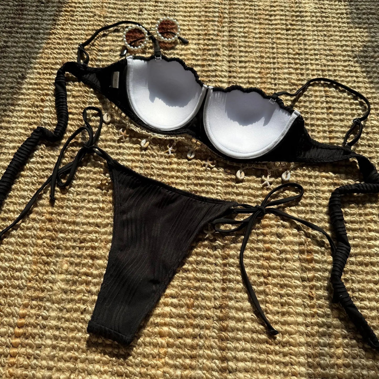 Sexy Shell Starfish Ornament Bikinis Sets Women White Ruffles Push Up Underwire Thong Swimsuit 2025 Beach Bathing Suit Swimwear - -