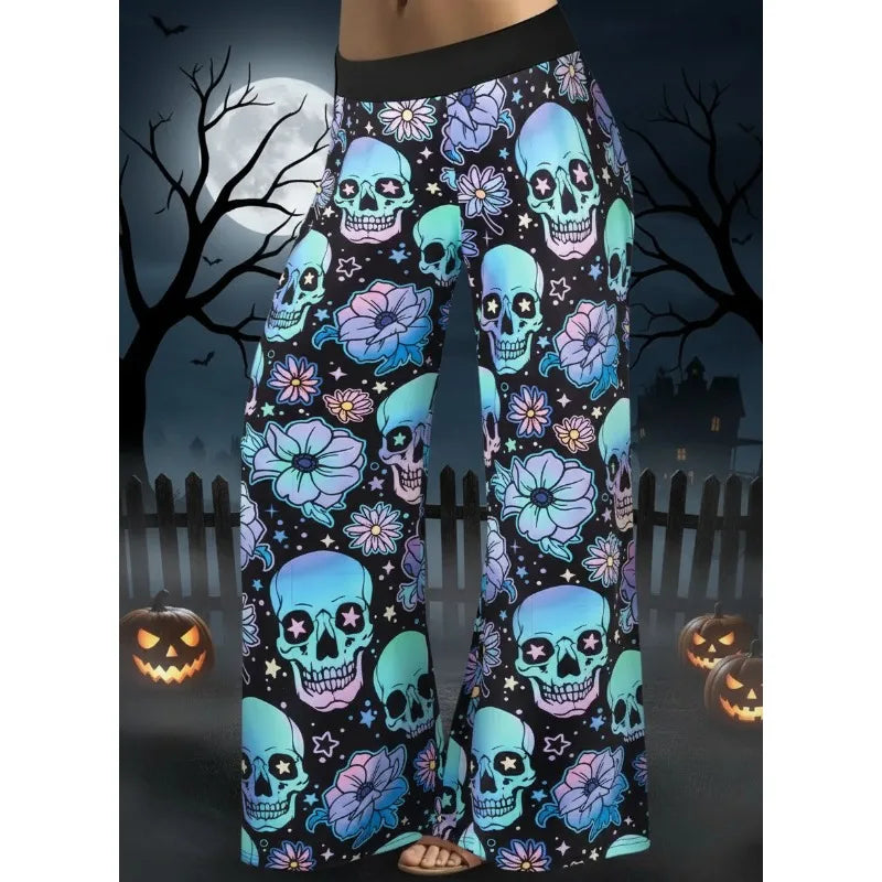 Hallowmas Skull Flower Print Pants Woman 2025 Plus Size Elastic Waist Wide Leg Pant Casual Large Full-length Trousers - -