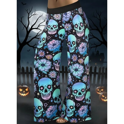 Hallowmas Skull Flower Print Pants Woman 2025 Plus Size Elastic Waist Wide Leg Pant Casual Large Full-length Trousers - -
