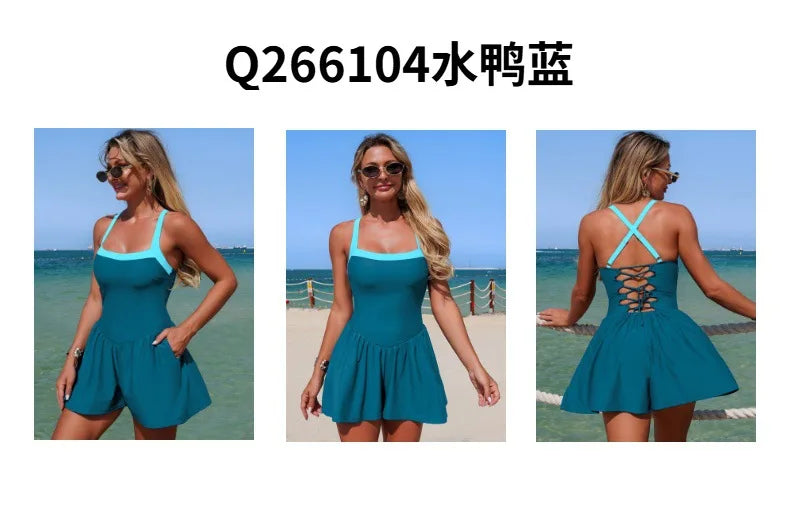 Vintage Black Patchwork Skirt One Piece Swimsuit 2026 Women Back Bandage Cross Pocket Swimwear Beach Bathing Suit Slim Monokini - -