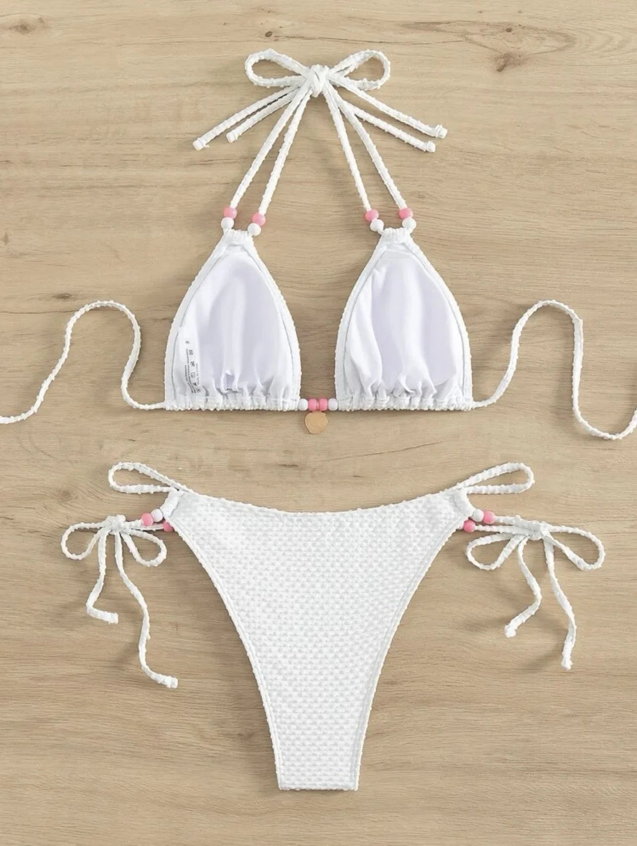 Sexy Pink Bikini 2024 Swimsuit Women White Pearl Strap Push Up Micro Swimwear Brazilian Bathing Suit Tie Side Thong Bikinis Sets - -