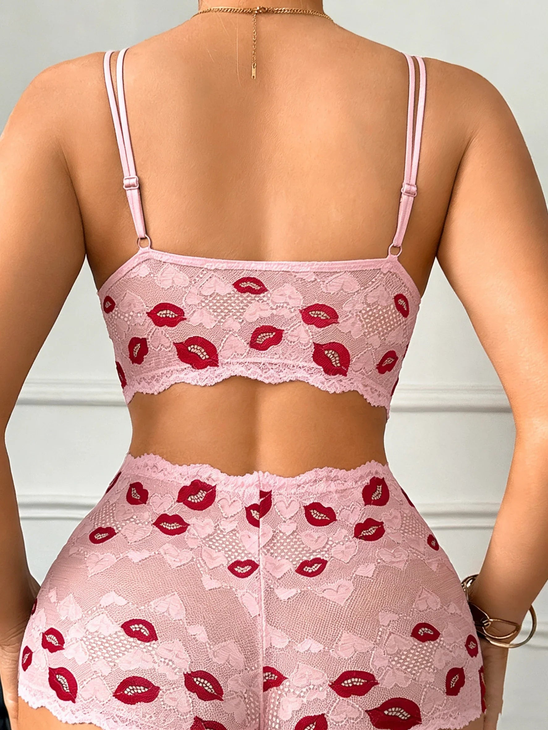 Valentine's Day Lip Print Lace sexy lingerie set with Crisscross Front ultra-thin wireless sexy bras panties - -