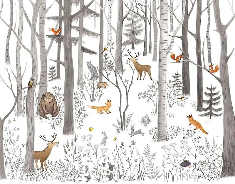 Forest Fox Wallpaper Mural grey white orange