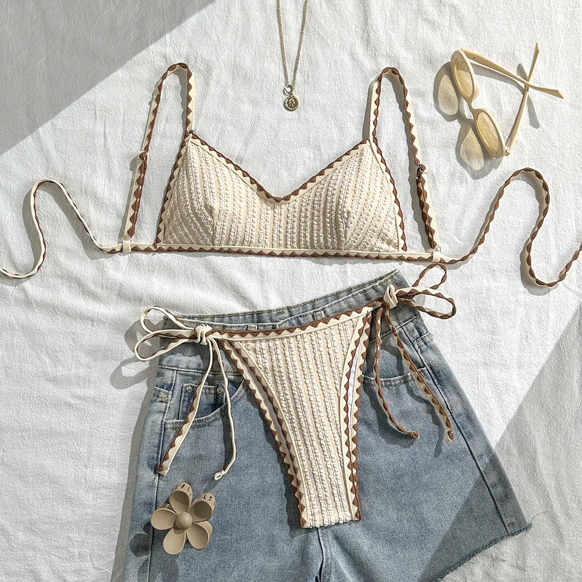Sexy Triangle Bikini Set 2026 Women Beige Patchwork Pleate Push Up Bra Tie Side Thong Swimsuit Beach Bathing Suit Micro Swimwear - Beige -