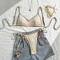 Sexy Triangle Bikini Set 2026 Women Beige Patchwork Pleate Push Up Bra Tie Side Thong Swimsuit Beach Bathing Suit Micro Swimwear - Beige -