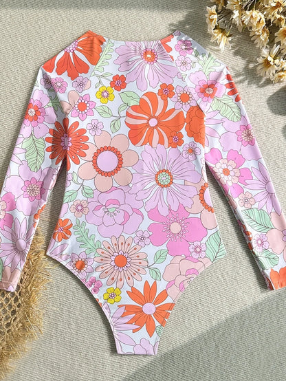 Vintage Pink Floral Print Swimwear Women 2026 Front Zipper Long Sleeve Sunscreen One Piece Swimsuit Bathing Suit Surf Monokini - -