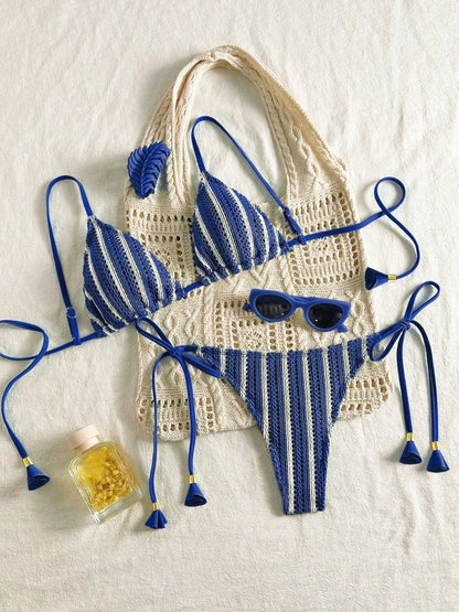 Sexy Orange Striped Bikini Set 2026 Women Halter Push Up Bra Tassel Bandage Thong Swimsuit Summer Holiday Bathing Suit Swimwear - Navy -
