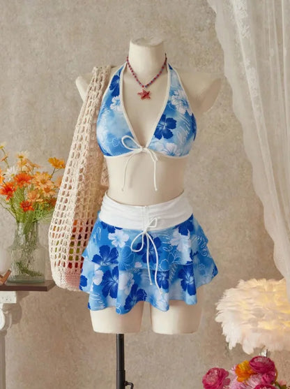 Vintage Pink Floral Print Contrast Bikini Set 2026 Women Drawstring Side Skirt 3 Piece Swimsuit Holiday Bathing Suit Swimwear - Blue -