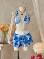 Vintage Pink Floral Print Contrast Bikini Set 2026 Women Drawstring Side Skirt 3 Piece Swimsuit Holiday Bathing Suit Swimwear - Blue -