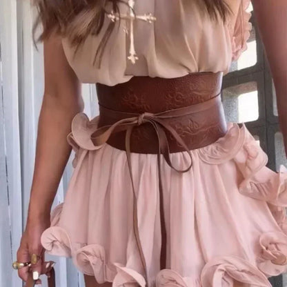 Elegant Ruffle Mini Skirt Set Women Sleeveless Halter Irregular Ruffles Top Mini Loose Short Skirts Sets 2025 Summer Lady Suit - -