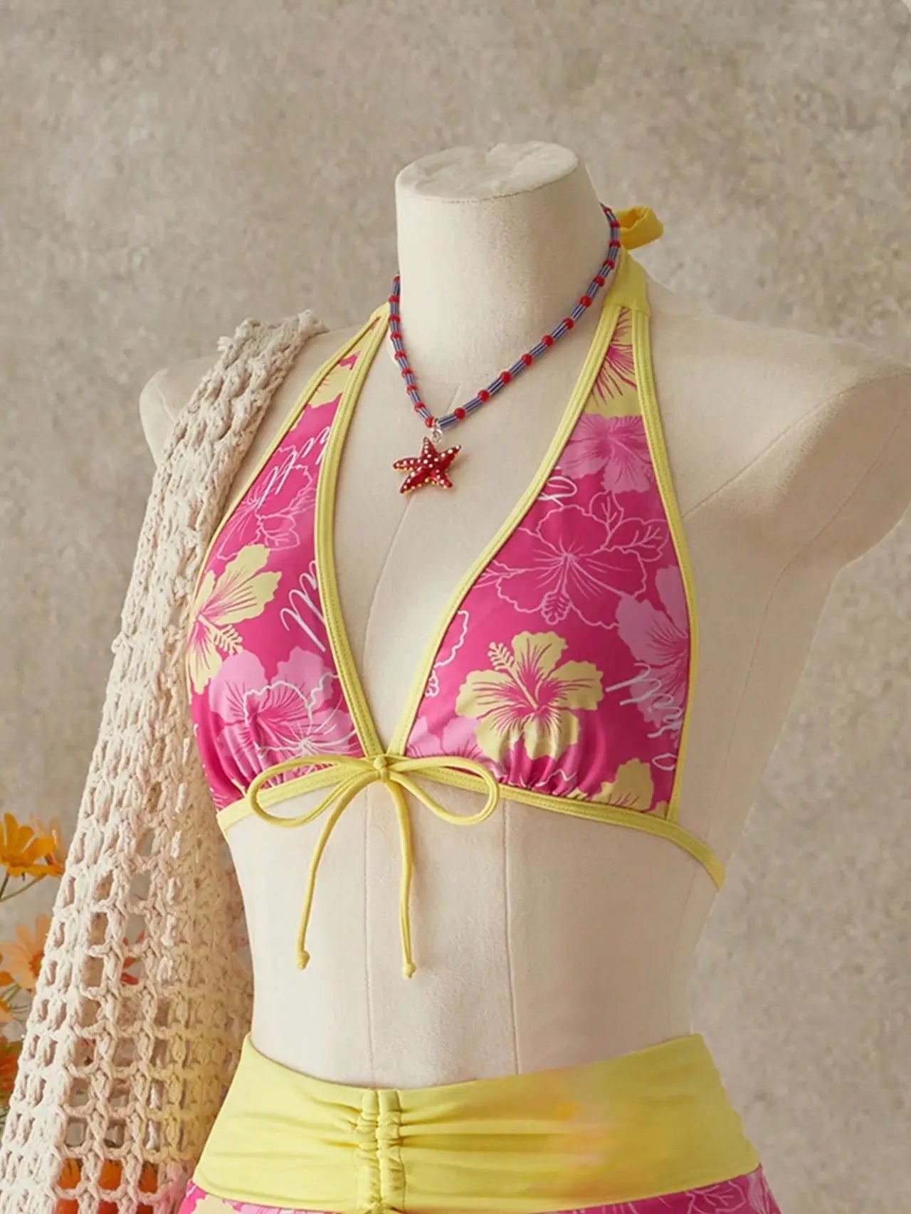 Vintage Pink Floral Print Contrast Bikini Set 2026 Women Drawstring Side Skirt 3 Piece Swimsuit Holiday Bathing Suit Swimwear - -