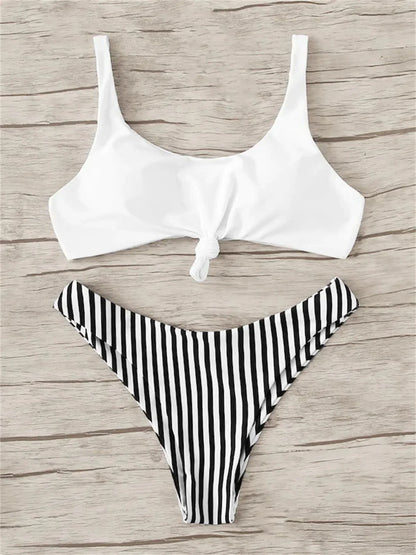 Sexy Micro Bikini 2025 Women Swimsuit Scoop Neck Striped Swimwear Knot Bow Fringe Summer Beachwear Bathing Suit Push Up Biquini - -