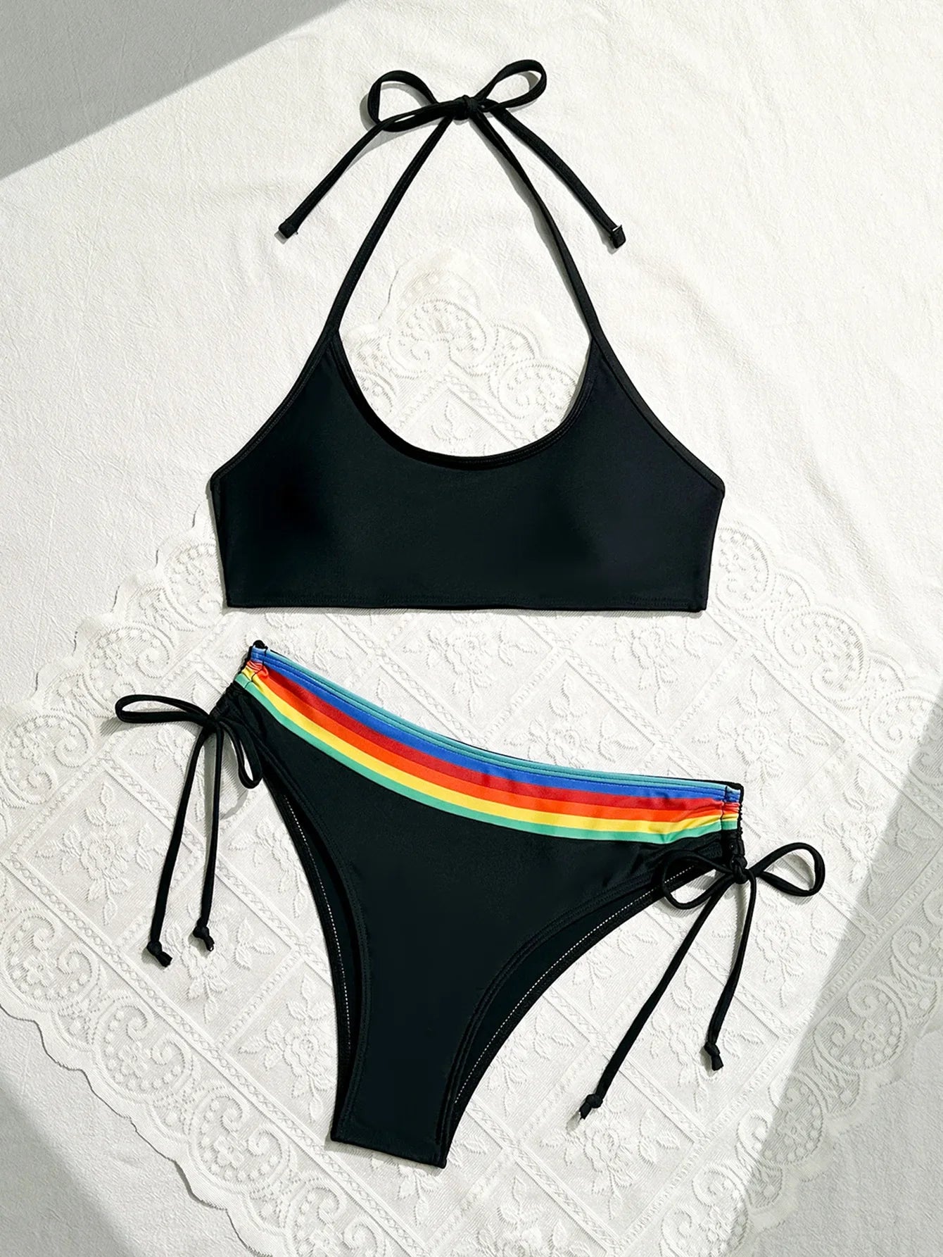 Women's Rainbow Color Bikini Set Sexy Beach Vacation Backless 2 Piece Swimsuit 2024 Summer Bathing Suit Bra Push Up Swimwear - -
