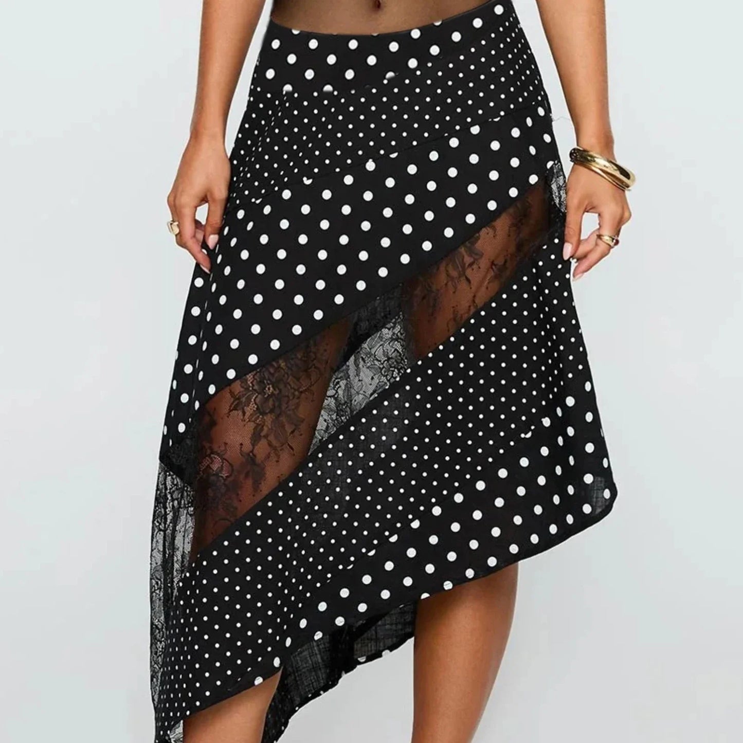 New Irregular Women Lace Flowy Midi Skirt Vintage Low Waist Floral Print Long Skirt Lightweight Summer Sexy Club Party Skirt - black -