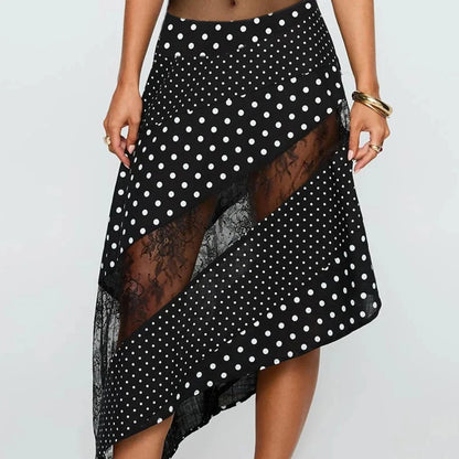 New Irregular Women Lace Flowy Midi Skirt Vintage Low Waist Floral Print Long Skirt Lightweight Summer Sexy Club Party Skirt - black -