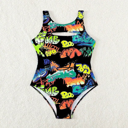 Vintage Yellow Abstract Print One Piece Swimsuit 2024 Women Hollow Out Holiday Bathing Suit Tummy Control Swimwear Beachwear - -