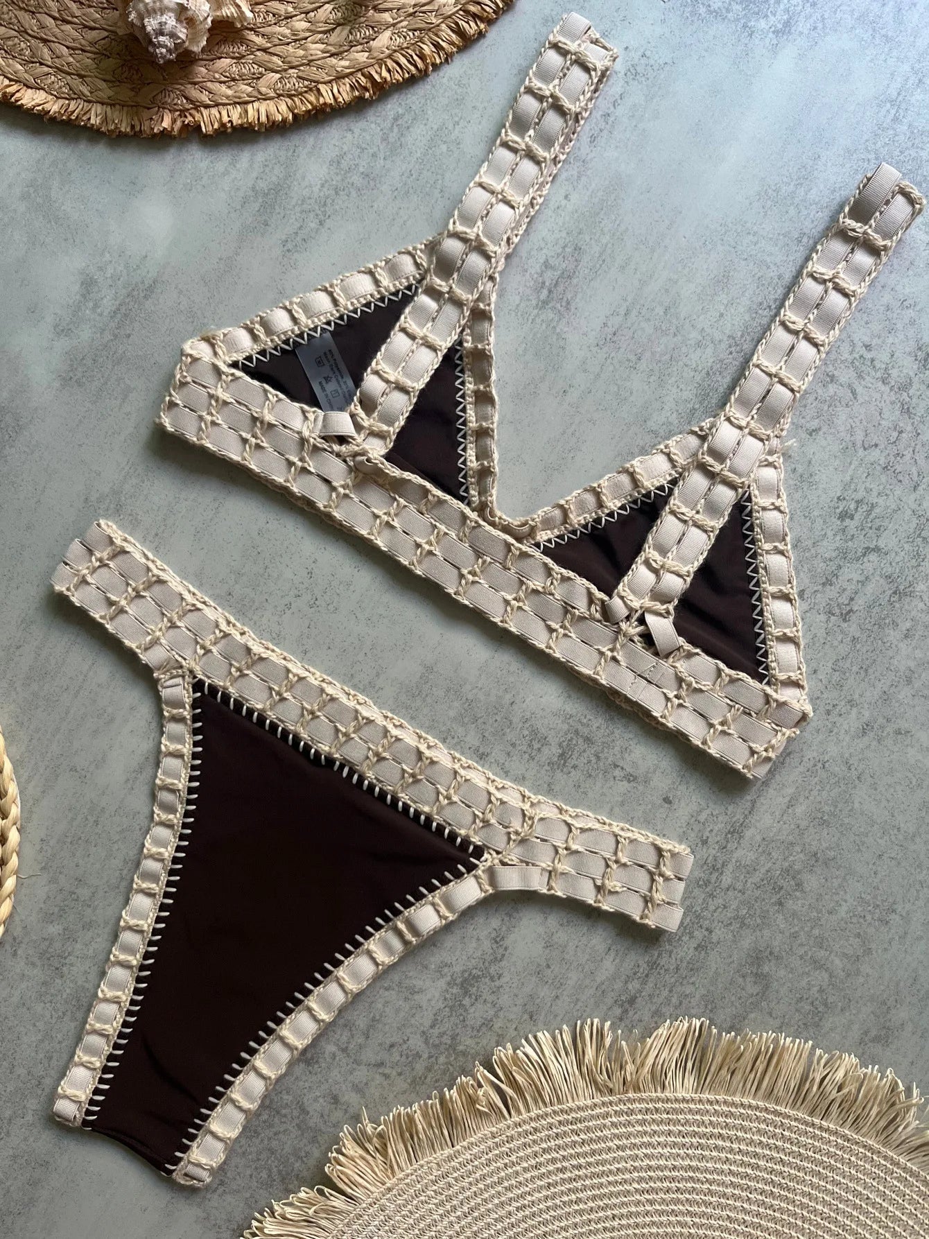 Sexy Black Patchwork Hand Crochet Bikini Set Women 2026 V Neck Push Up Bra Thong Swimsuit Beach Bathing Suit Knitted Swimwear - -