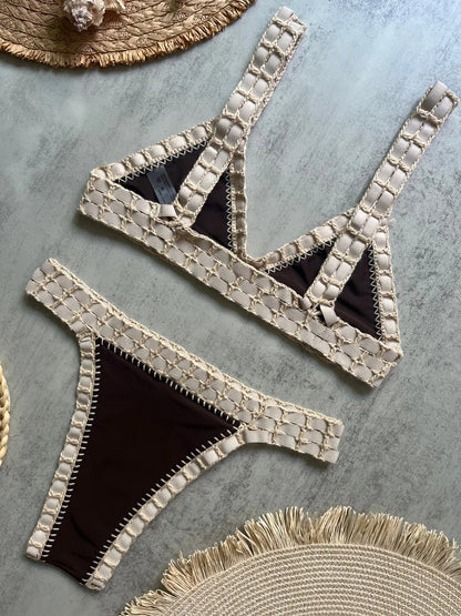 Sexy Black Patchwork Hand Crochet Bikini Set Women 2026 V Neck Push Up Bra Thong Swimsuit Beach Bathing Suit Knitted Swimwear - -