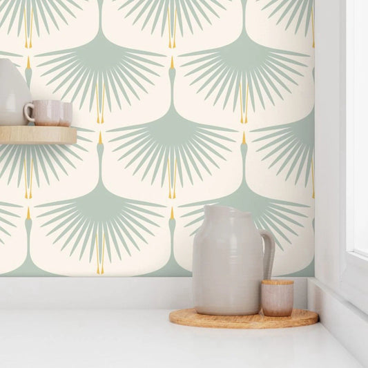 Self-Adhesive Wall Paper Rolls,Art Deco Green Color Swans Duck Egg on Soft Wallpaper,Peel and Stick Wallpaper for Walls in Rolls Kia Day Design