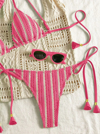 Sexy Orange Striped Bikini Set 2026 Women Halter Push Up Bra Tassel Bandage Thong Swimsuit Summer Holiday Bathing Suit Swimwear - -