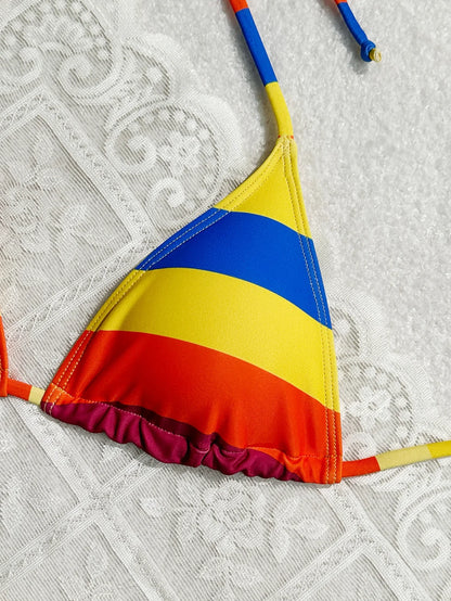 Women's Rainbow Color Bikini Set Sexy Beach Vacation Backless 2 Piece Swimsuit 2024 Summer Bathing Suit Bra Push Up Swimwear - -