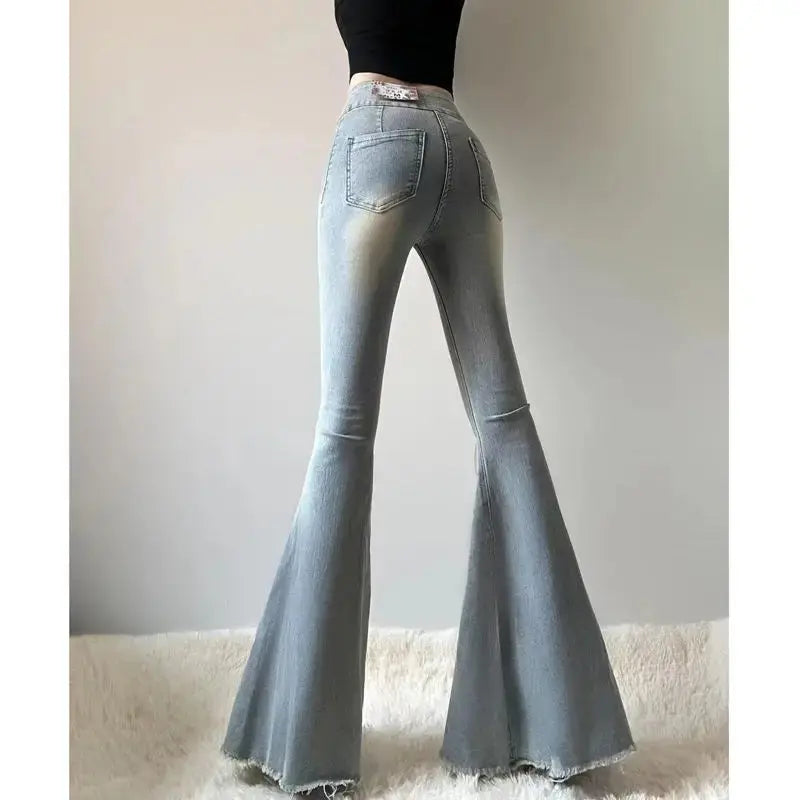 Fishtail Hem Denim Flare Pants - - Pants