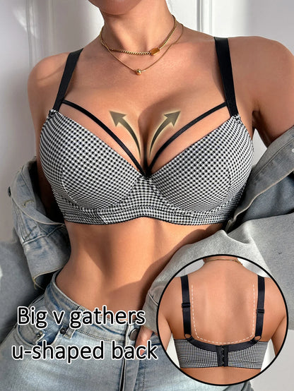 Women's Gingham Push Up Bra Plunge Underwire Underwear Sexy Crisscross Lift Up Comfortable Bra for Daily Wear - -