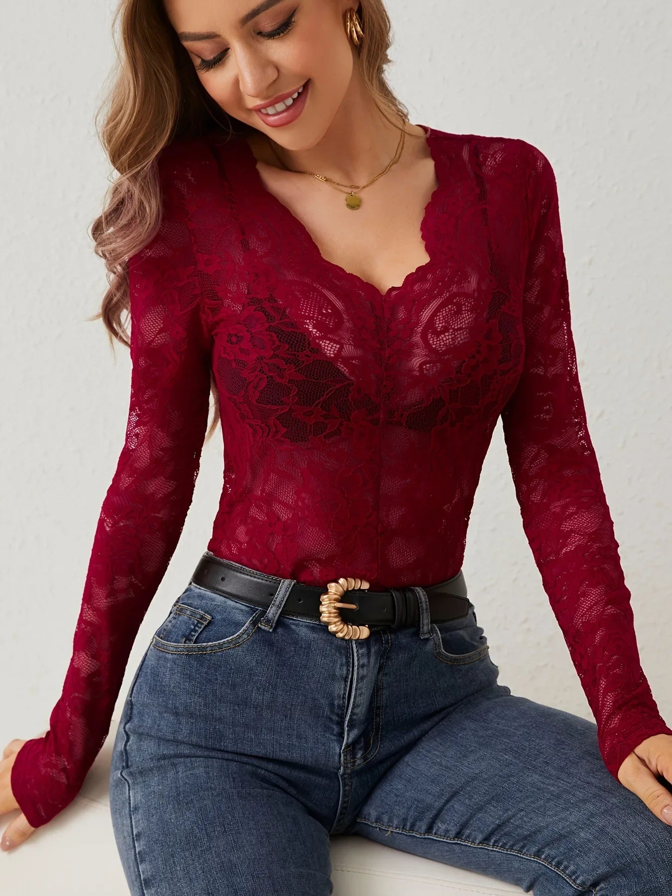 Women Sexy Base Layer Shirt Solid Black Sheer Lace Top Slim Flower Scallop Trim V Neck Long Sleeve T-shirt Trendy Tight Lace Top - -