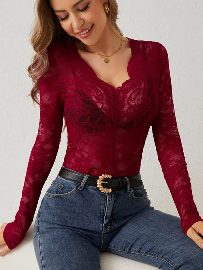 Women Sexy Base Layer Shirt Solid Black Sheer Lace Top Slim Flower Scallop Trim V Neck Long Sleeve T-shirt Trendy Tight Lace Top - -