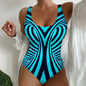 Vintage Abstract Print One Piece Swimsuit Women 2025 Black White Striped Tummy Control Large Size Swimwear Bathing Suit Monokini - lake blue -