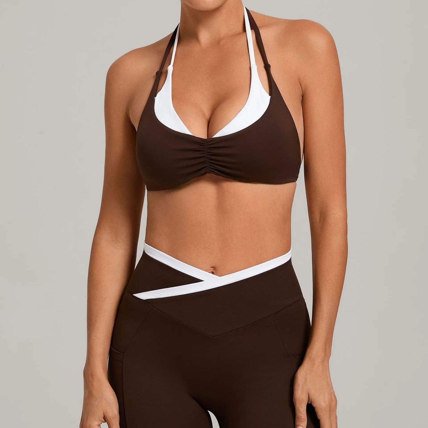 Women's Gym Workout Two-color Yoga Sports Bras Halter Neck Open Back Design Sports Tank Top Running Fitness Built-in Bra Cups - Brown -